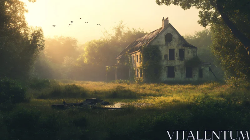 Backlit abandoned house in overgrown meadow with diffused morning haze