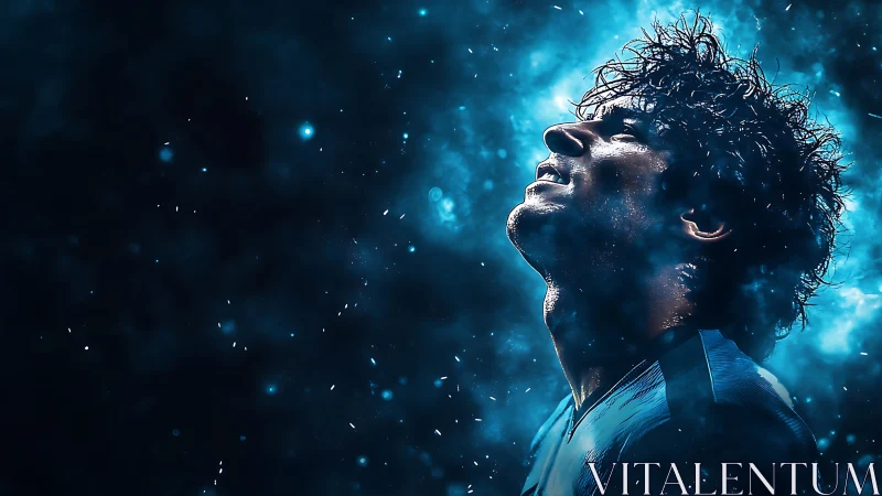 Storm-lit football dreamer bathed in electric blue night.