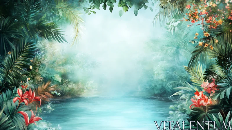 Tropical river scene framed by dense foliage and flowers.