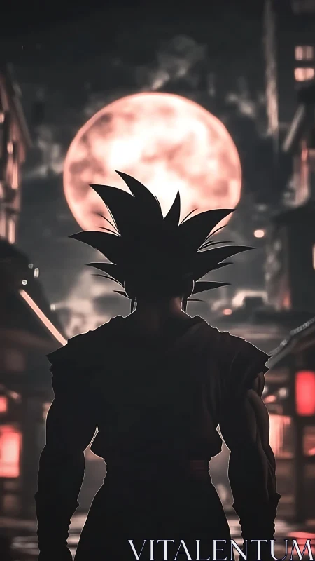 Silhouetted warrior under oversized moon in dim neon alley