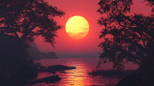 Radiant red sunset over reflective coastal water with silhouetted trees