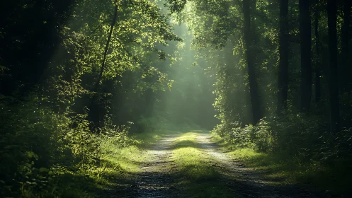 Sunlit Forest Path Beckons with Peaceful Wonder.
