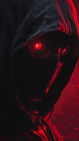 Hooded cybernetic assassin glares through red sensor eye
