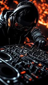 DJ operating illuminated mixing console in low key lighting.