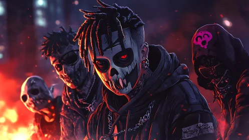 Street gang in skull masks under neon embers at night.