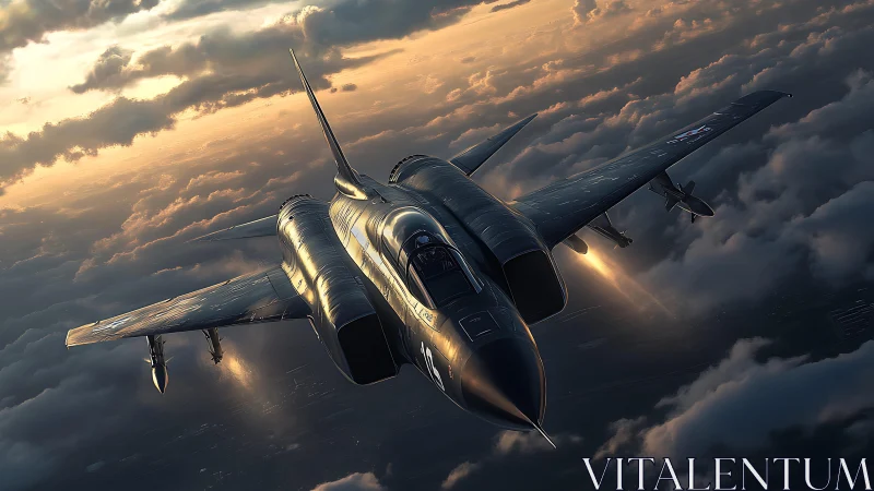 Sleek jet gliding through sunlit clouds at golden hour.