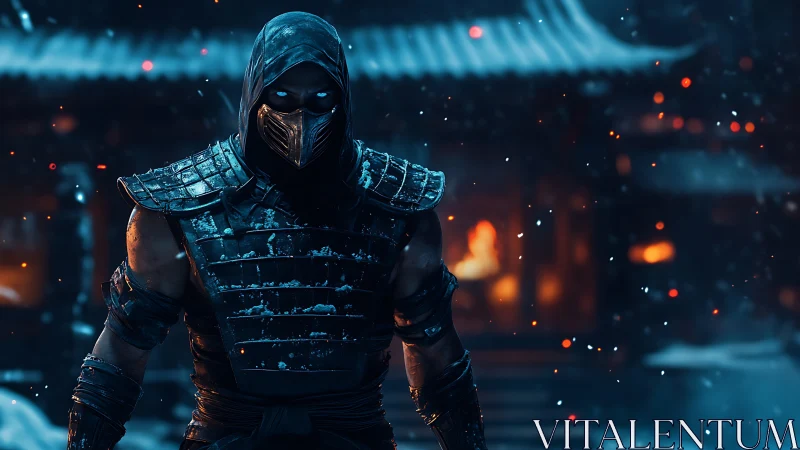 Brooding masked warrior strides through snow and sparks