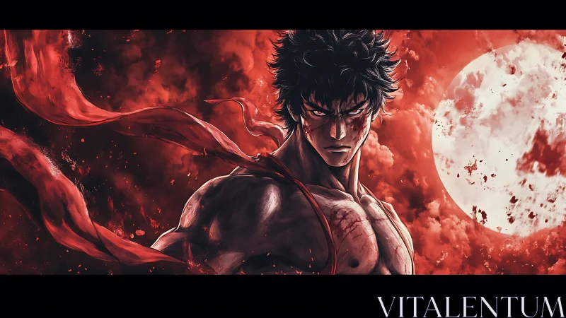 Blood‑red moon warrior stands defiant in swirling crimson storm