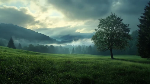 Solitary tree overlooks misty valley beneath stormy dawn sky