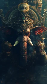 Mythic elephant-headed war deity in ornate gilded regalia