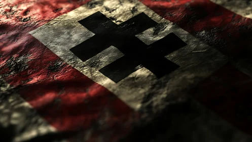 Weathered historical flag surface invites critical reflection