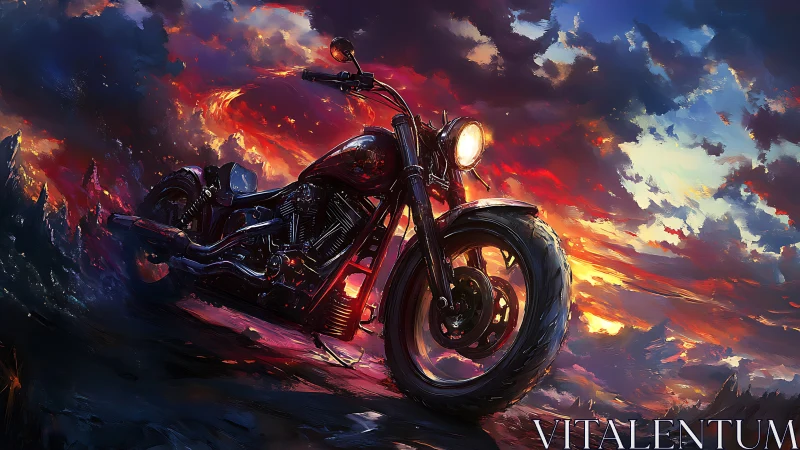 Midnight road warrior blazes through a painted firestorm sky