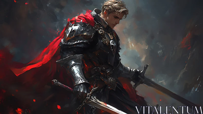 Knight in black armor grips twin swords amid burning storm.