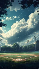 Summer clouds drift gently above a quiet baseball field