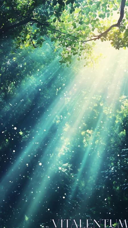 Sunlight beams piercing dense green forest canopy.