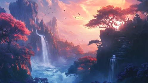 Sunlit fantasy valley with twin waterfalls and misty cliffs