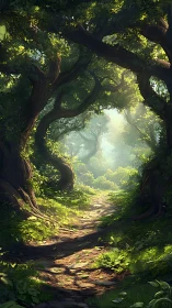 Enchanted Forest Path Through Ancient Towering Trees