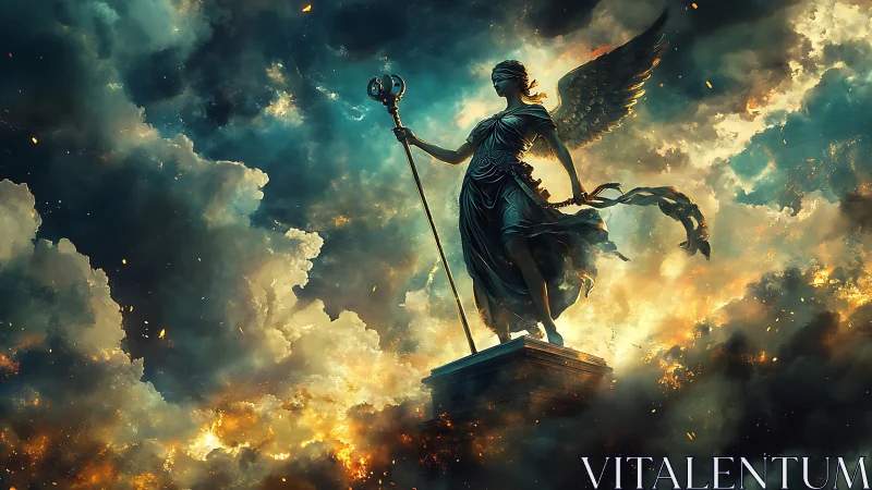 Winged blindfolded statue stands over burning storm clouds