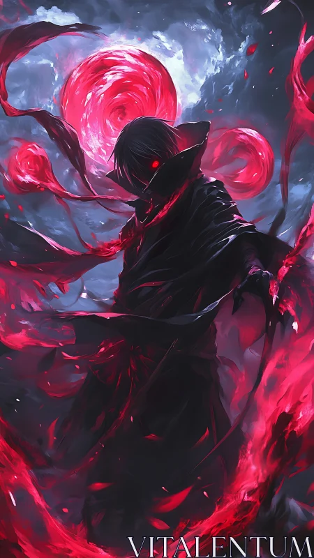 Dark cloaked figure with red energy swirls in stormy sky.