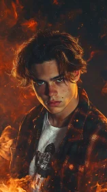 Intense young rebel stands framed by swirling orange fire