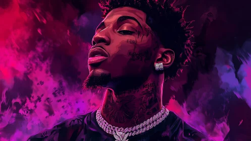 Digital portrait of male figure with jewelry on neon backdrop.