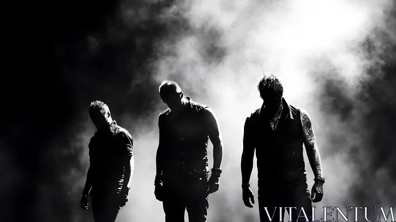 Three silhouetted figures stand in dense stage fog lighting