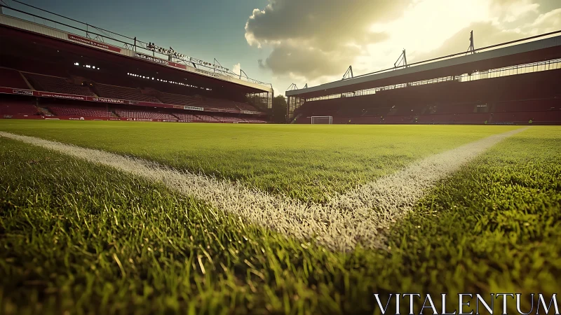 Sunlit football stadium corner marking under warm skies.