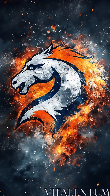 Fiery abstract horse emblem bursts through dark smoke.