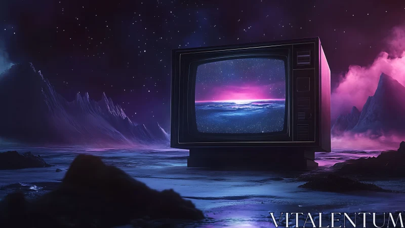 Retro CRT monitor displays cosmic ocean within neon alien tundra