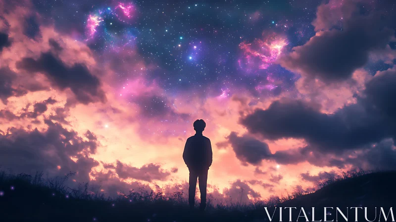 Silhouette stands beneath multicolored nebulae and dense cloud cover