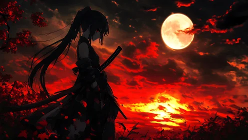 Nocturnal katana silhouette under sanguine lunar horizon.