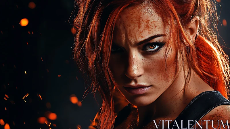 Ember-haired warrior locks eyes with the coming wildfire