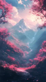 Dreamy pink mountain valley glowing in soft morning light.