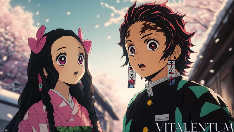 Anime siblings under cherry blossoms in shocked pause.
