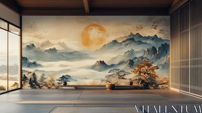 Zen interior integrates panoramic ink-wash mountain mural wall
