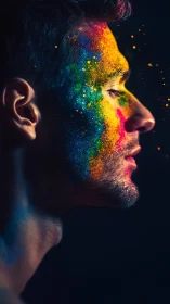 Portrait of a man with vivid rainbow paint in profile view.