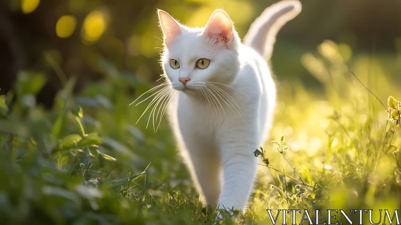 White cat standing in grass with backlit sunlight illuminating fur