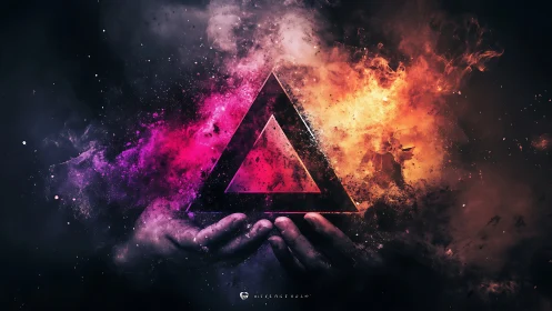 Glowing triangle held in hands amid vibrant cosmic clouds.