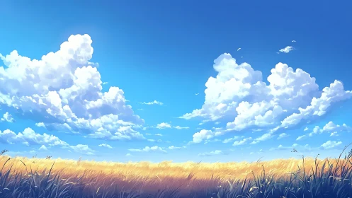 Golden field under expansive blue sky and clouds.