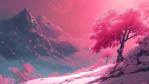 Pink-tinted mountain slope with snow and isolated trees.