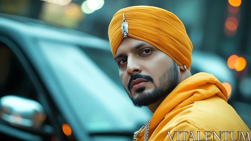 City glow and golden style in a calm street portrait.