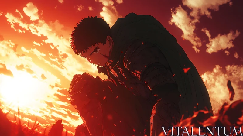 Armored warrior kneels in blood-red sunset with dramatic backlight