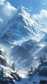 Snow-crowned titan rises through clouds of winter light.