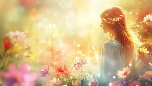 Sunlit daydream with a flower-crowned girl in bloom.