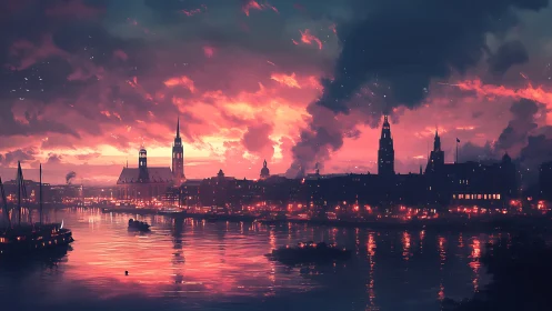 Glowing riverside skyline wrapped in a dreamy pink dusk.