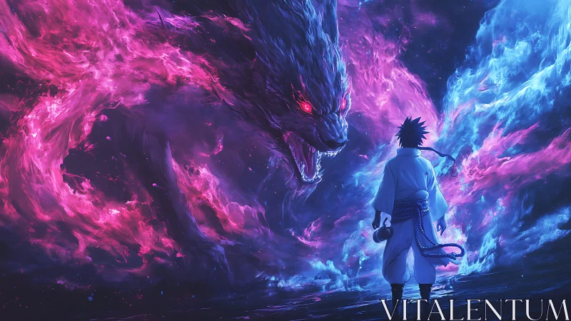 Celestial swordsman confronts colossal neon spirit beast.