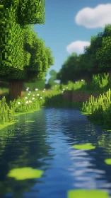 Voxel river daydream with shimmering pixelated forest glow.