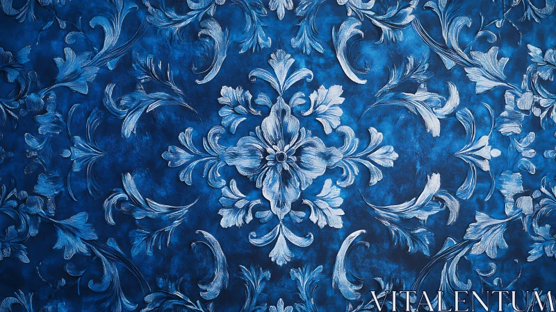 Baroque floral damask motif in silver impasto on cobalt ground