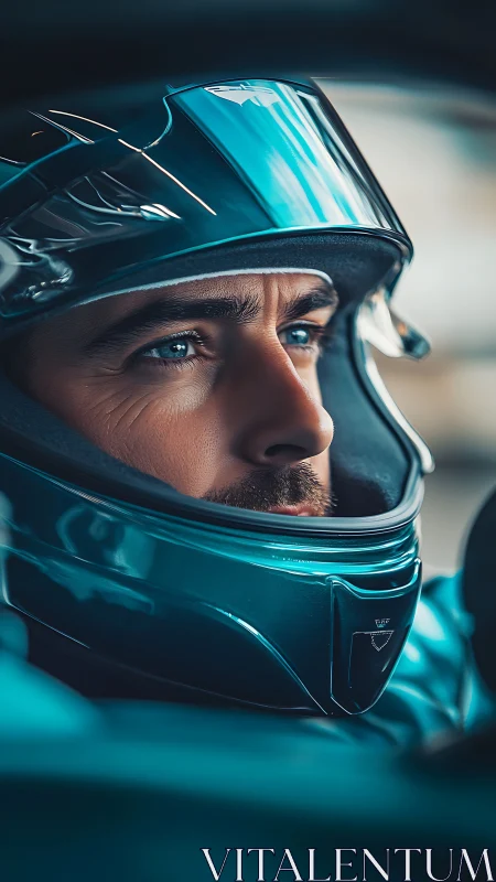 Blue-visor daredevil locked in laser-focused race calm.