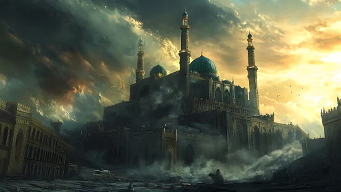 Stormlit sky over a mystical hilltop citadel mosque.